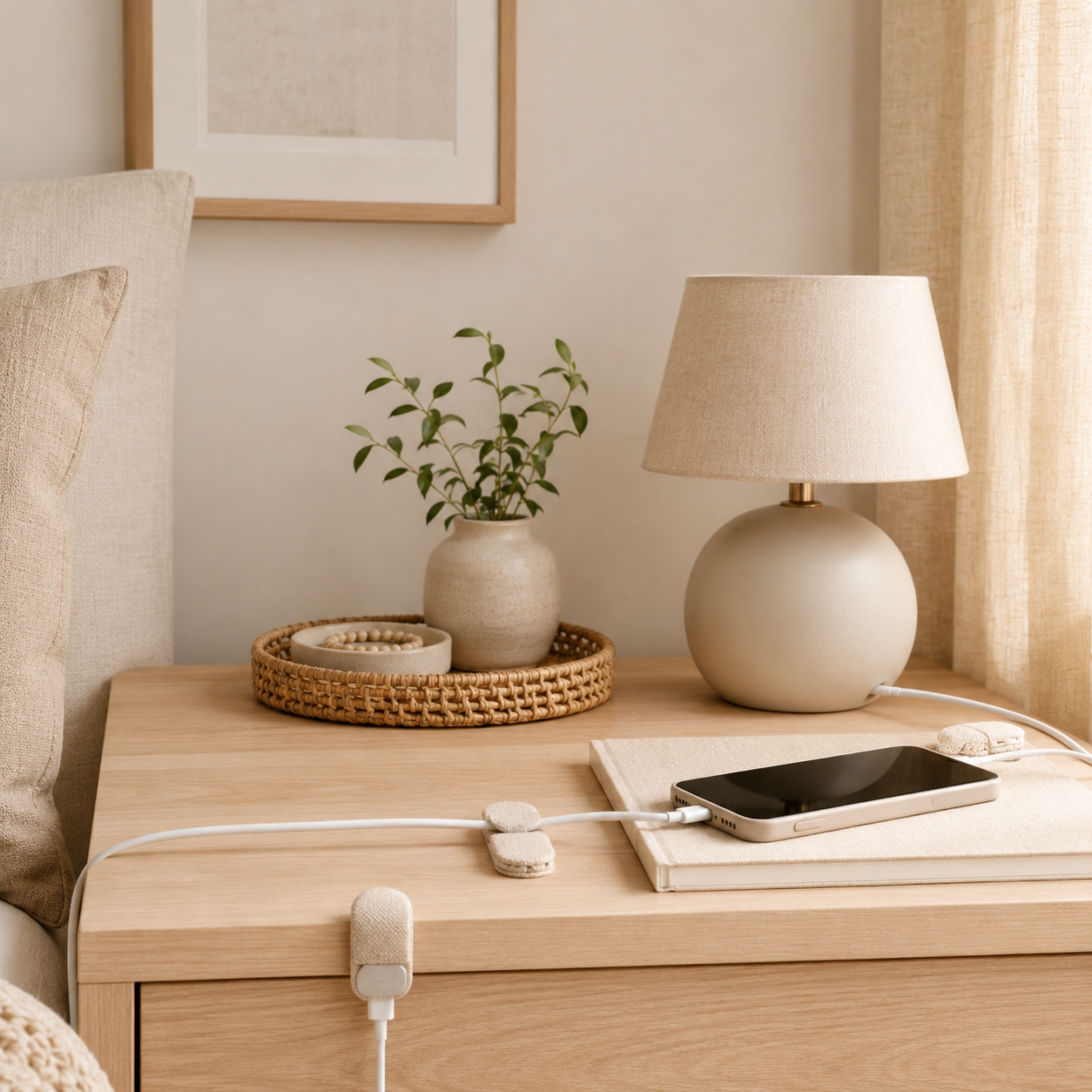 Cord organizers for a clean nightstand or workspace