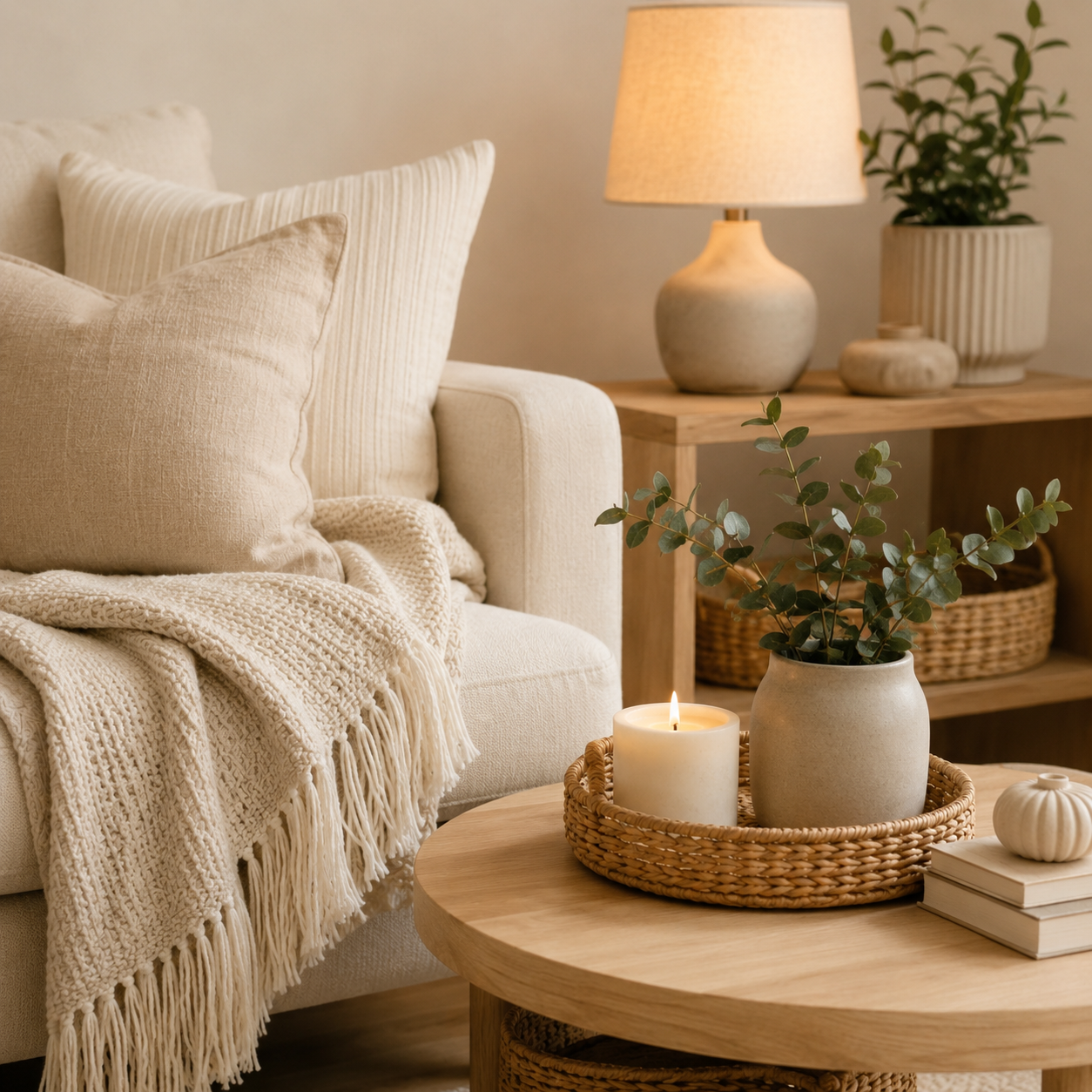 Cozy home finds like candles lamps and throw blankets