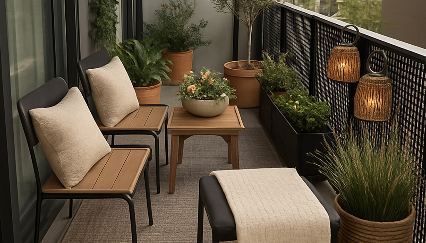 Cozy neutral patio balcony layout with small outdoor seating and warm decor