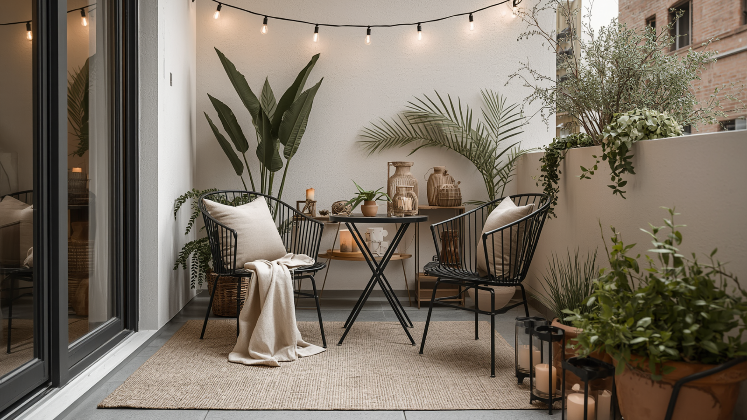 Cozy small patio with seating, string lights, and warm outdoor decor