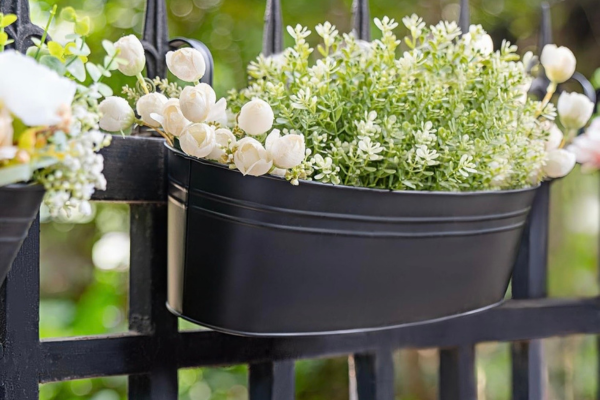 Metal hanging flower pots for a small patio or balcony