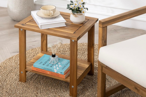 Acacia wood two tier side table for a cozy patio setup