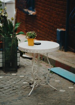 Small outdoor side table with plant and decor