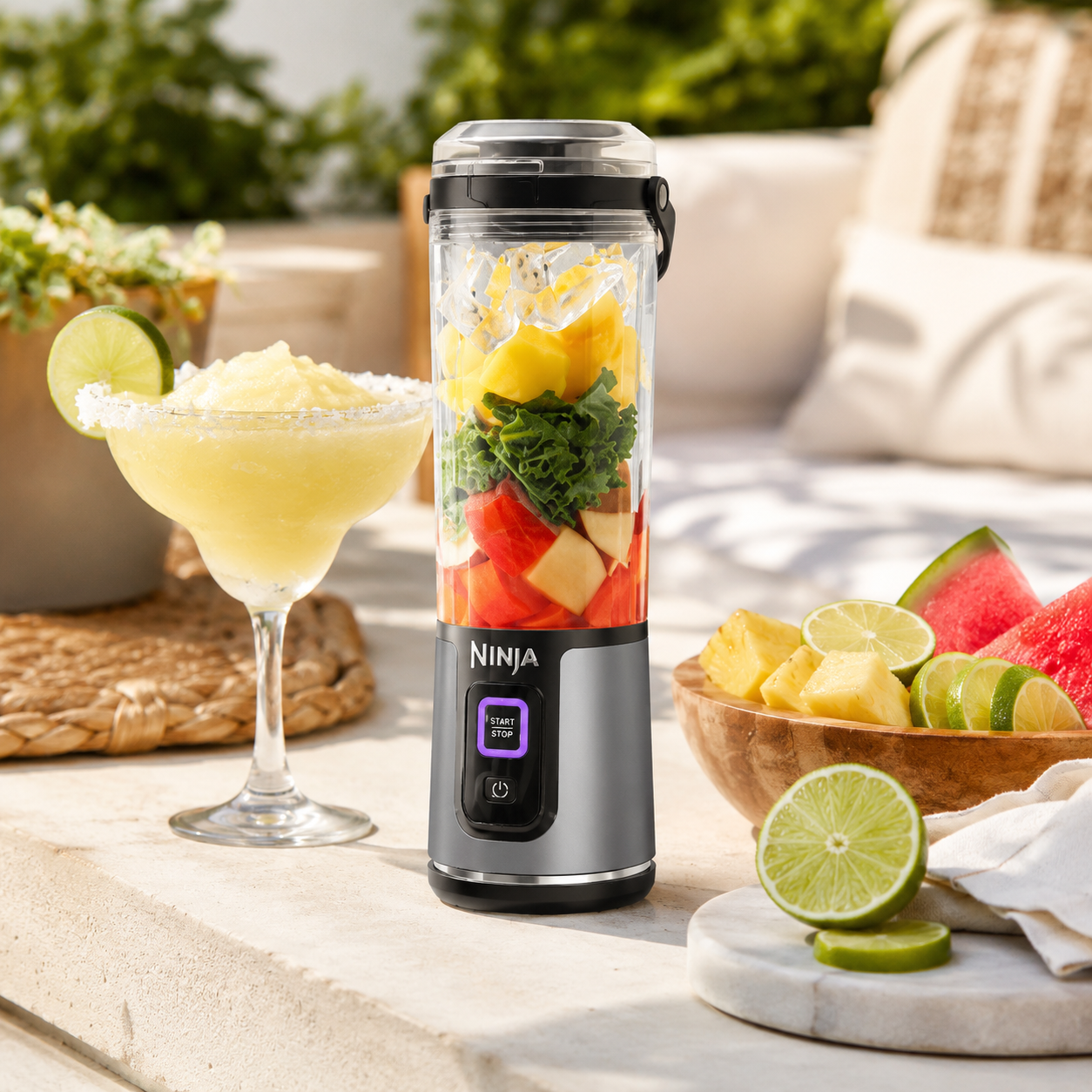 Portable blender prepared for a summer smoothie