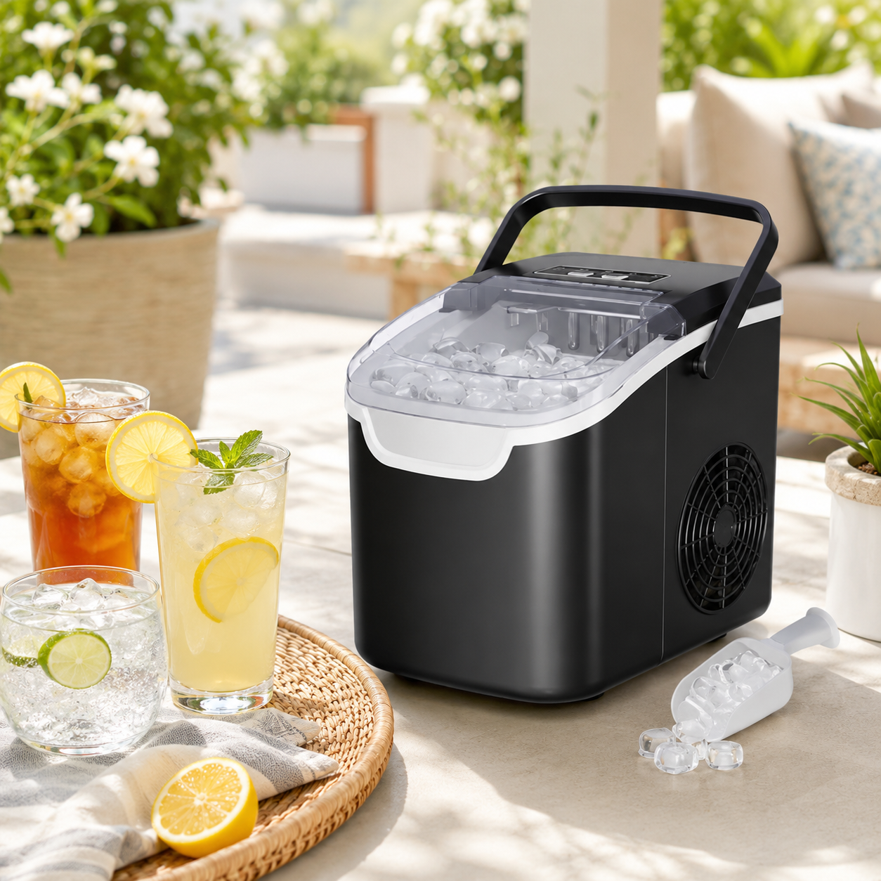 Compact countertop ice maker for apartment entertaining