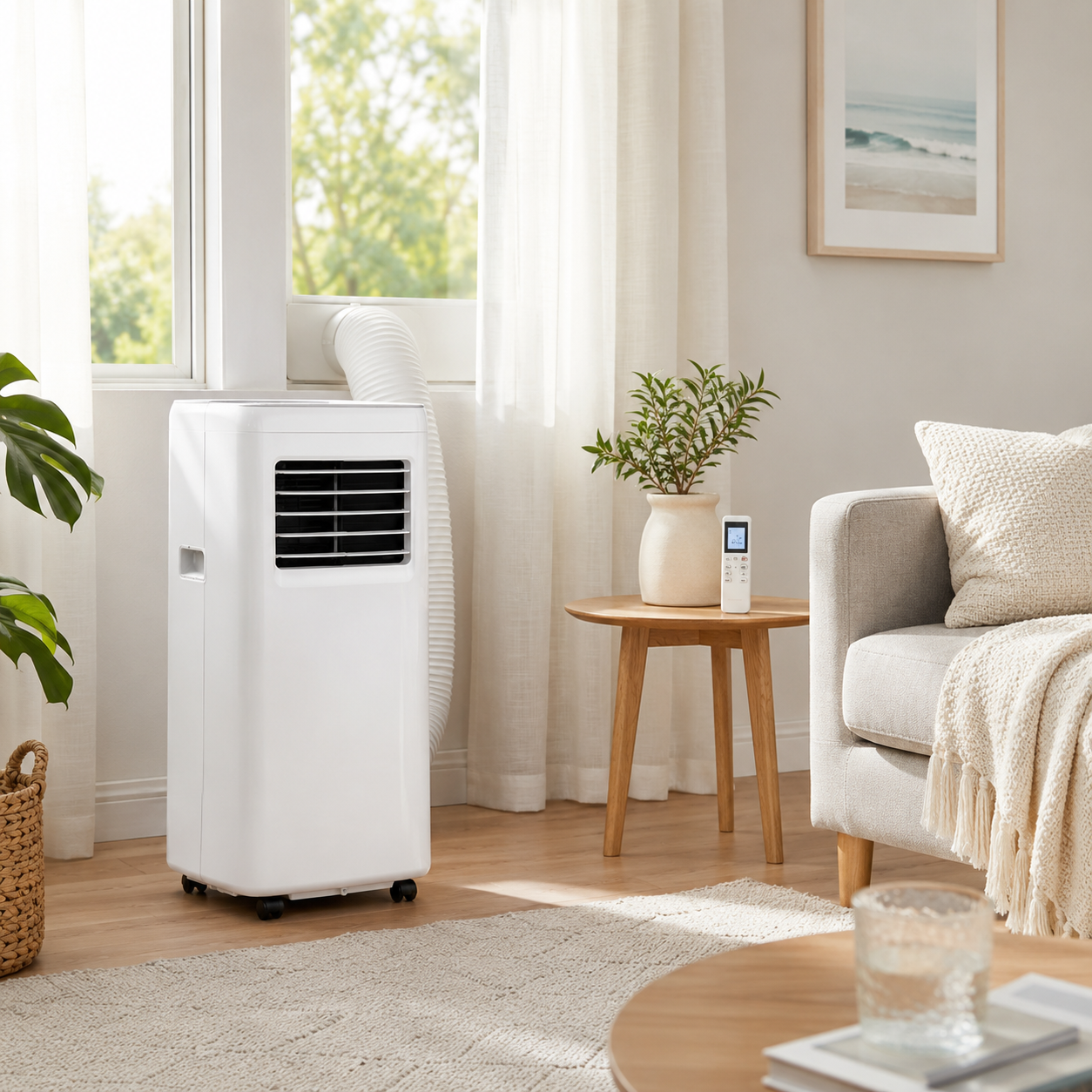 Portable air conditioner vented through an apartment window
