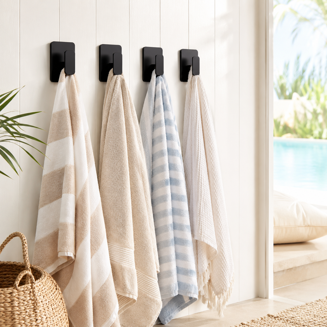 Entryway hooks holding summer hats and tote bags