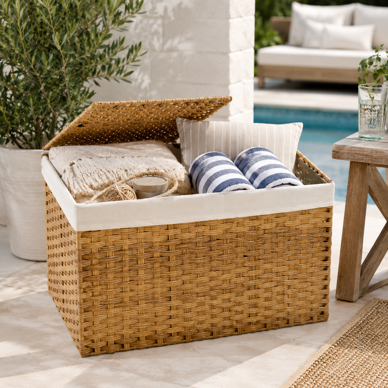 Lidded basket organizing summer supplies near an entryway