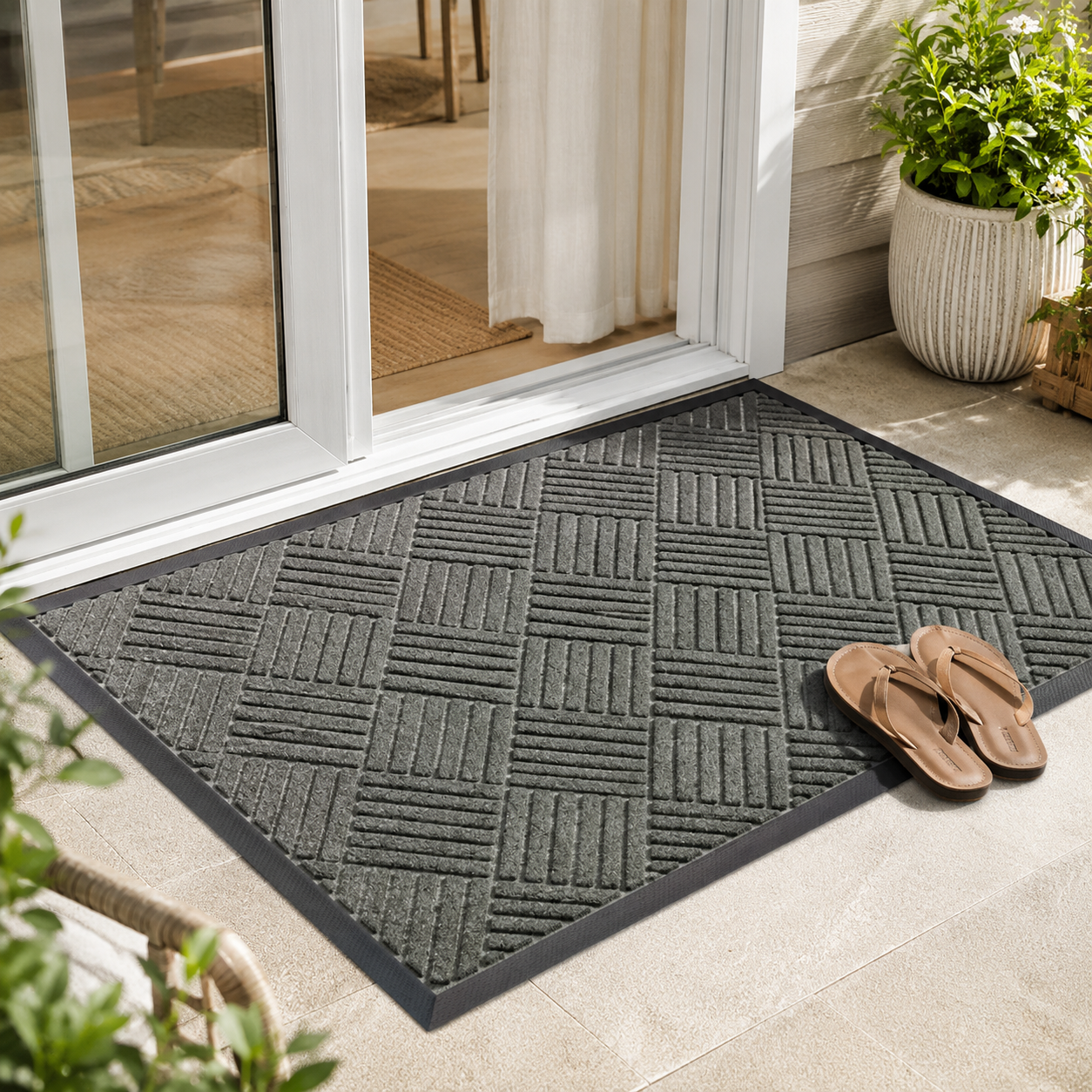 Washable mat inside a small apartment patio door