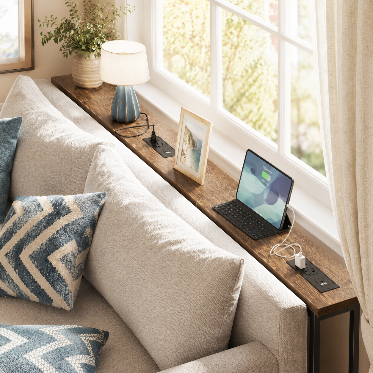 Slim console table behind a sofa