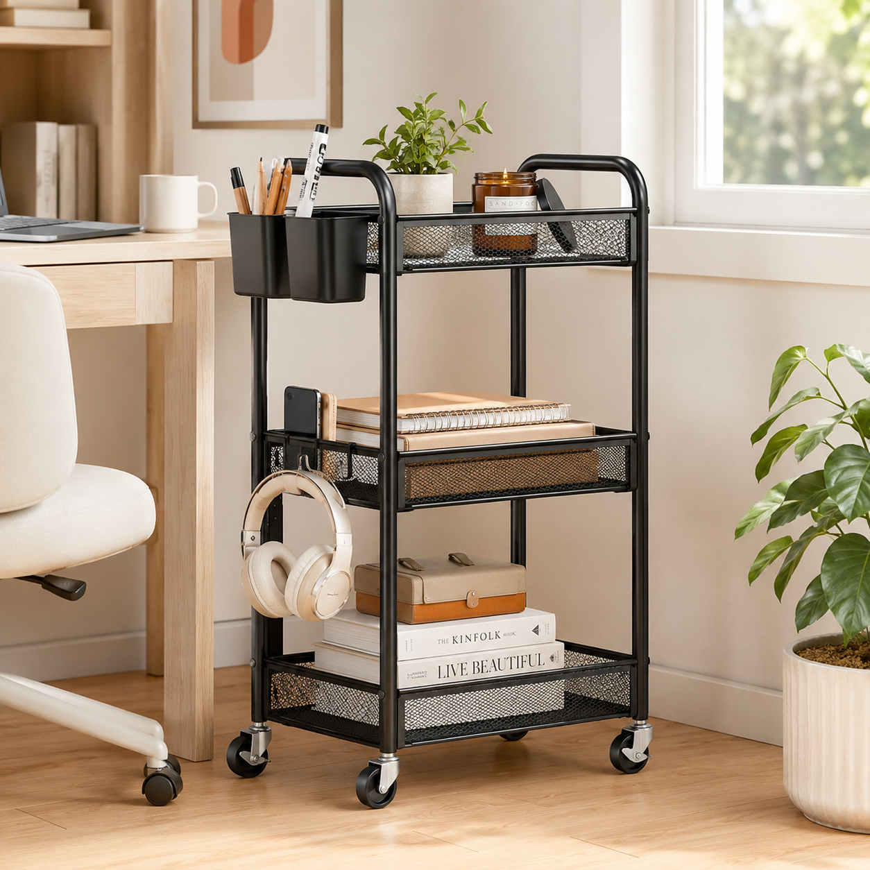 Slim rolling storage cart for a narrow space