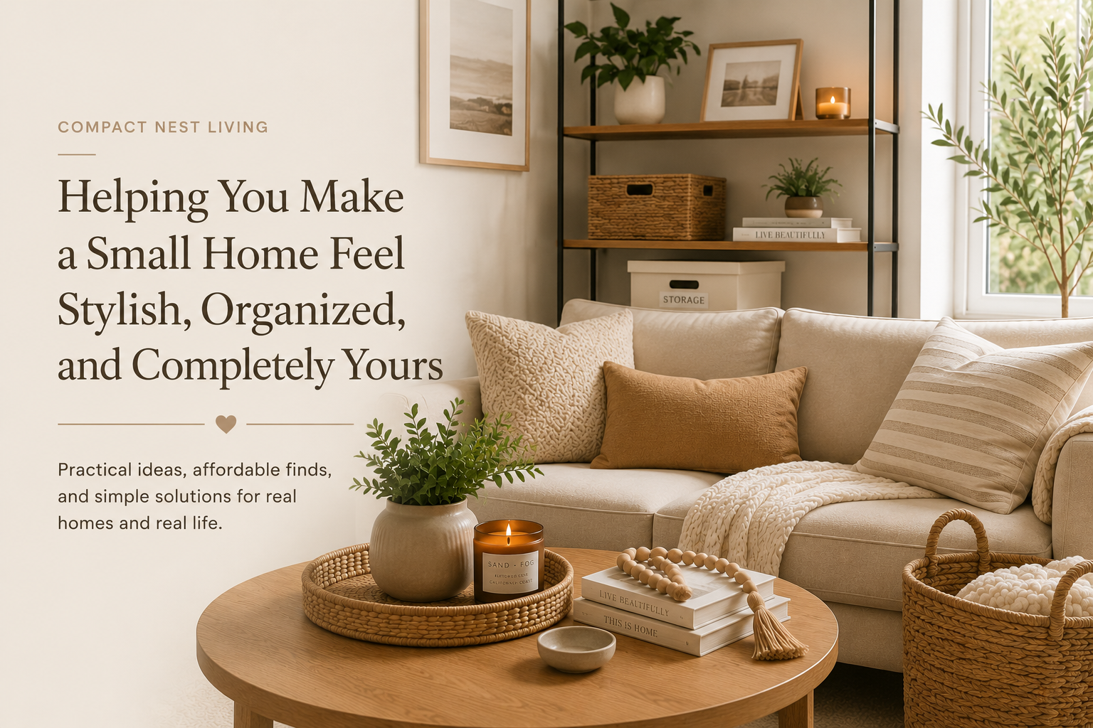 Cozy and organized neutral living room designed for a small home