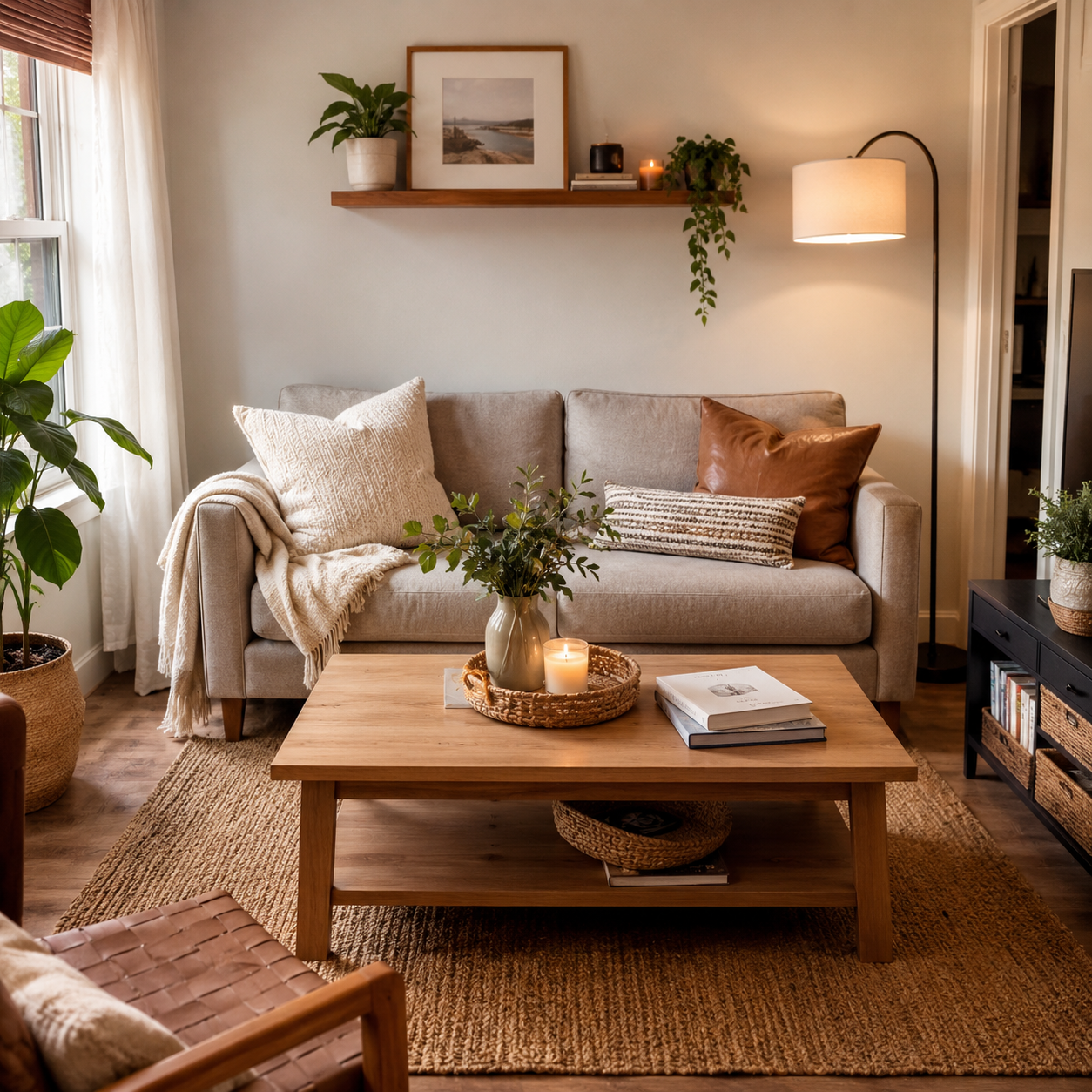 Small living room with a simplified coffee table and grouped decor