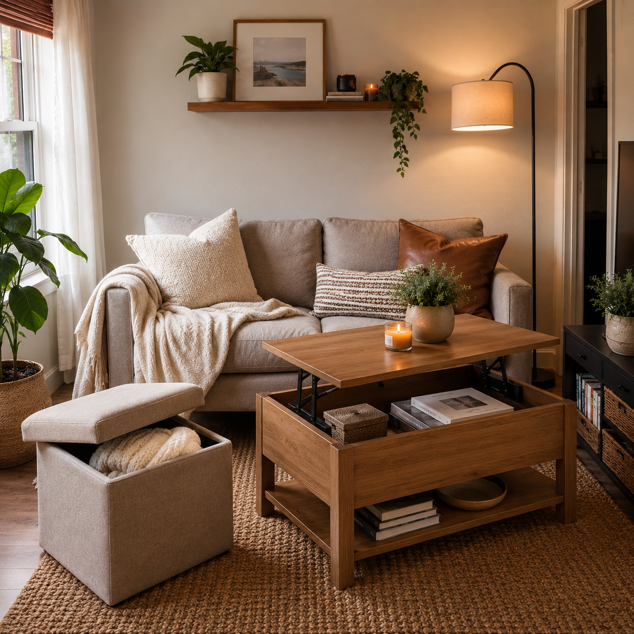 Storage ottoman and lift-top coffee table providing hidden storage in a small living room
