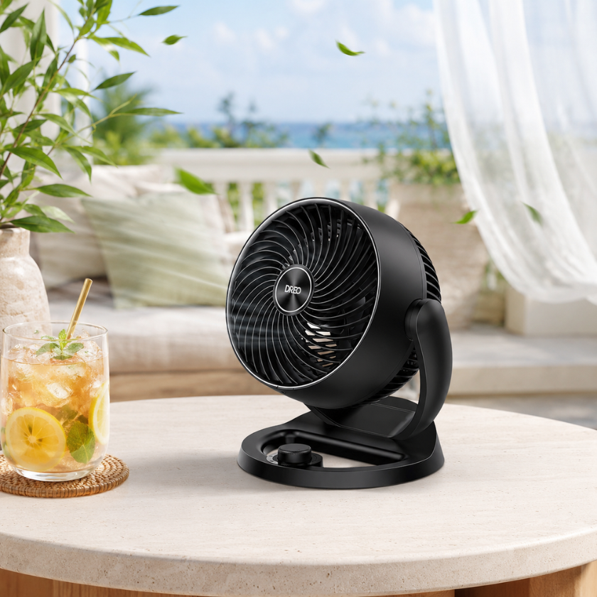 Dreo fan circulating air in a small apartment