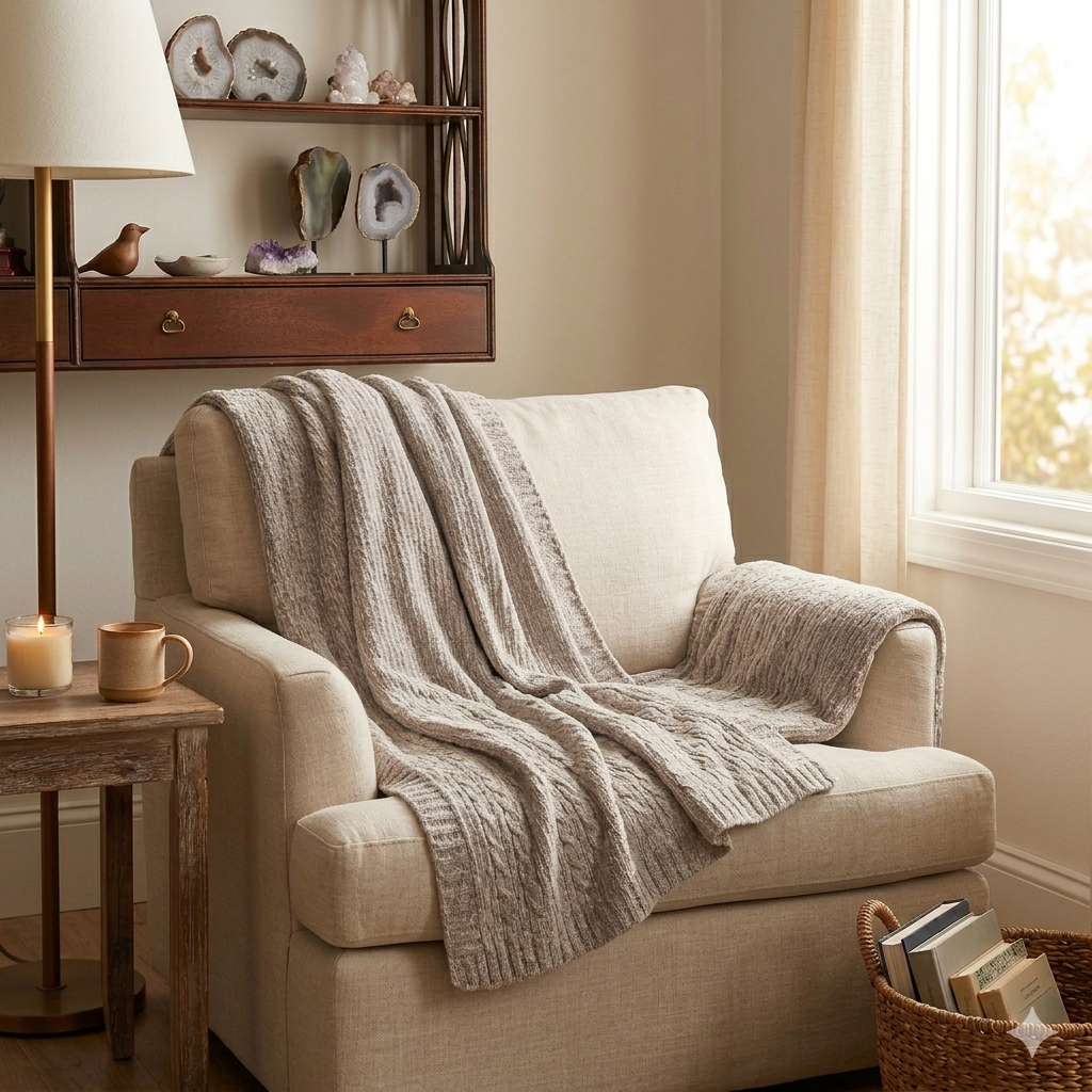 Neutral boho reading nook with throw blanket and basket