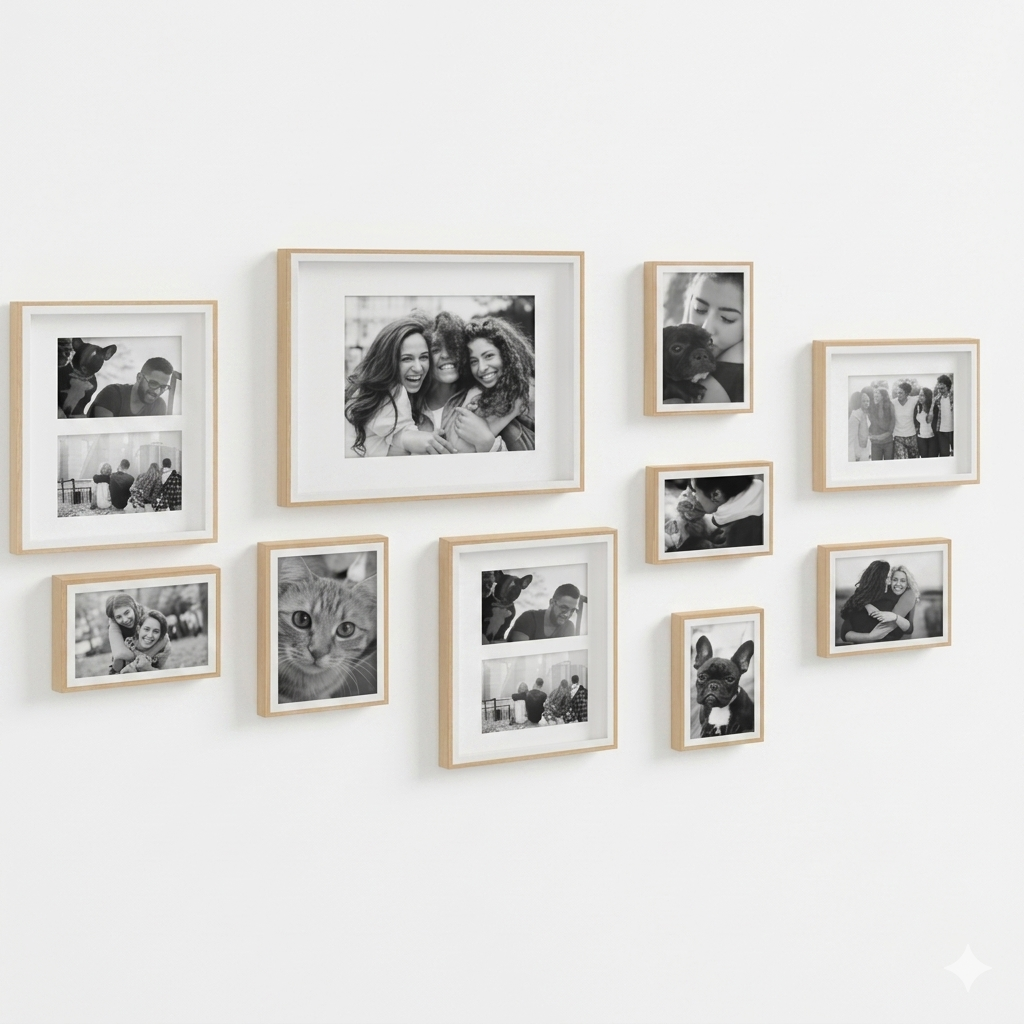 Neutral gallery wall with family and pet photographs in light wood frames