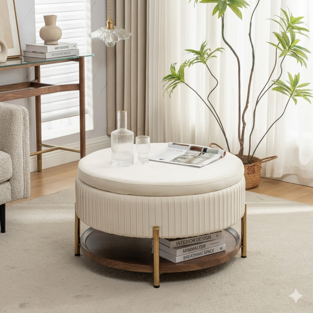 Round upholstered storage ottoman used as a coffee table in a small living room