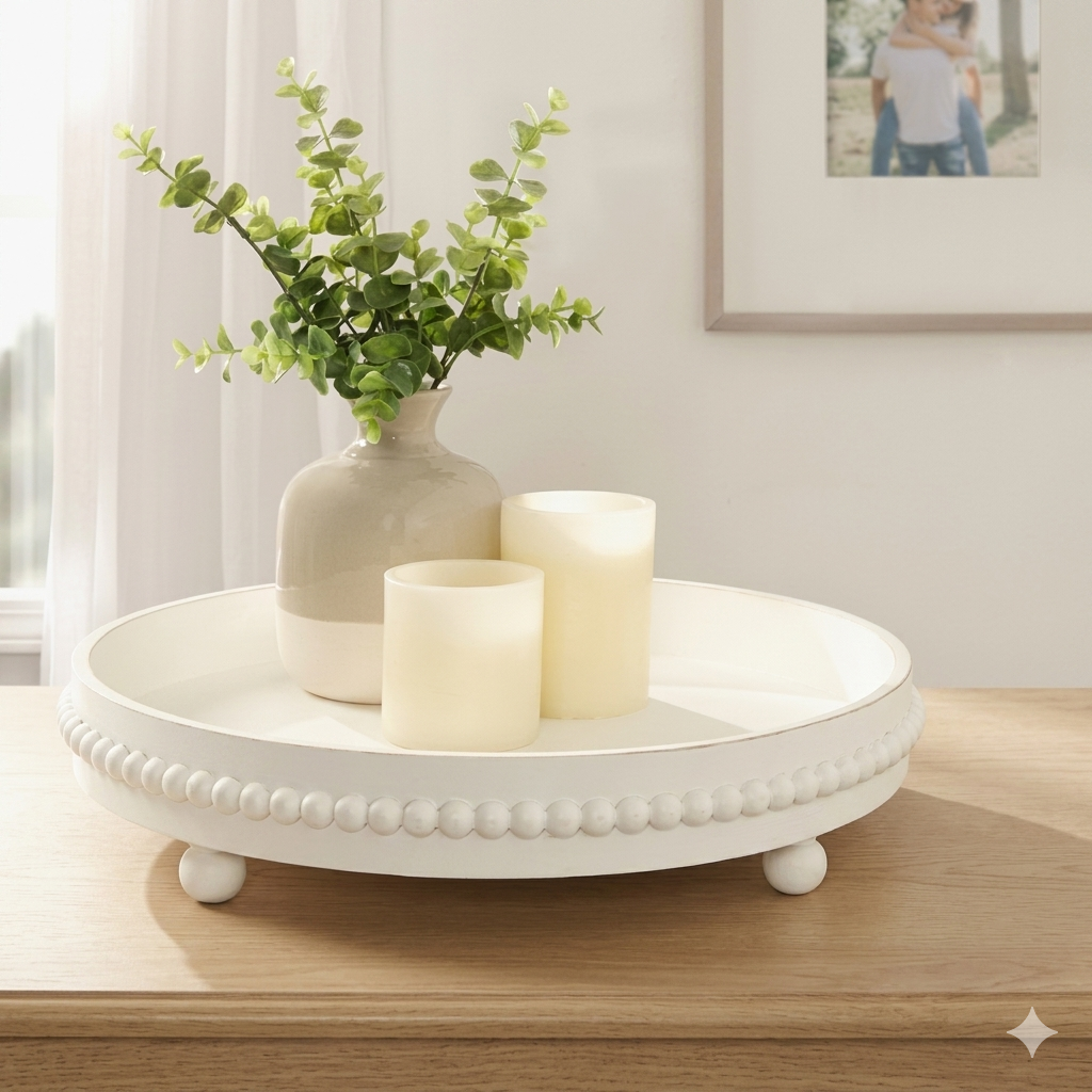 Round decorative tray grouping a vase and candles