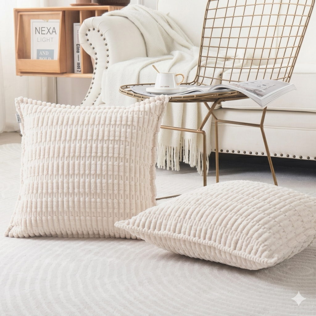 Cream textured pillows adding soft layers to a neutral apartment