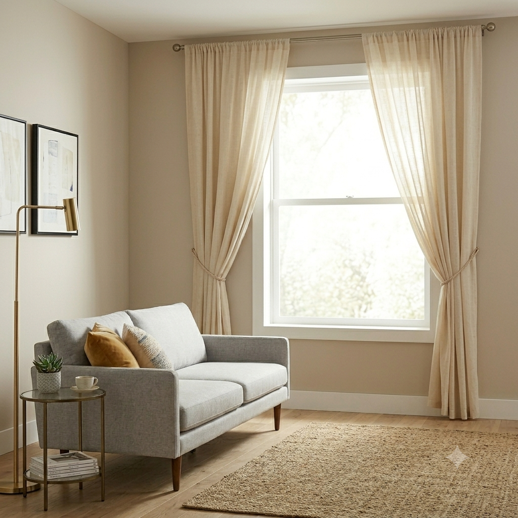 Small living room window with curtains hung high and wide to expose more glass