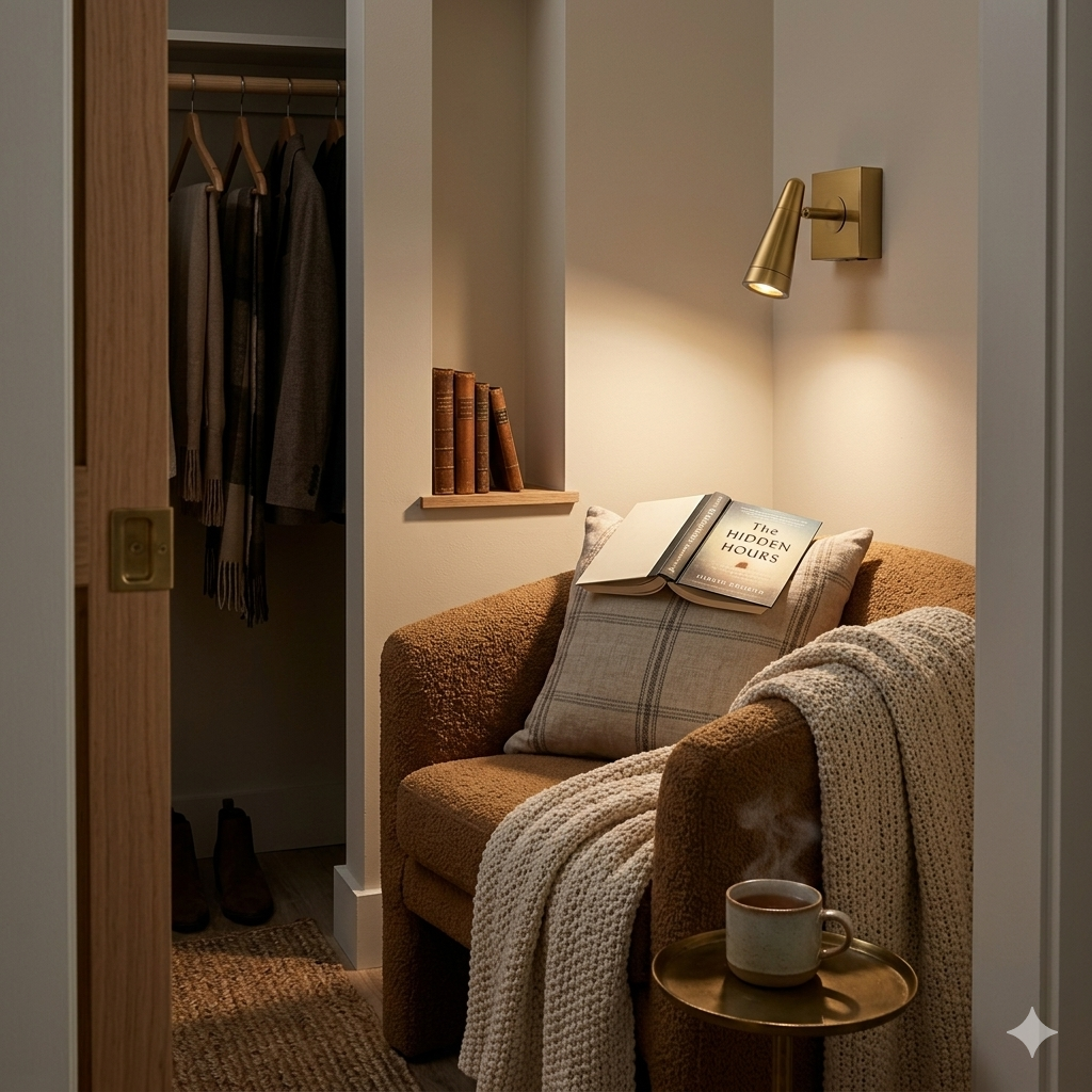 Small closet converted into a cozy reading nook