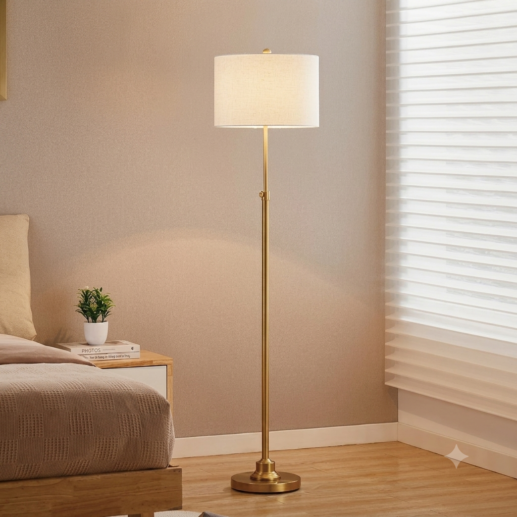 Small living room with layered lighting from a floor lamp and soft table lamp