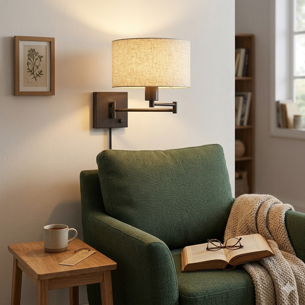 Moody dark reading nook with warm lighting