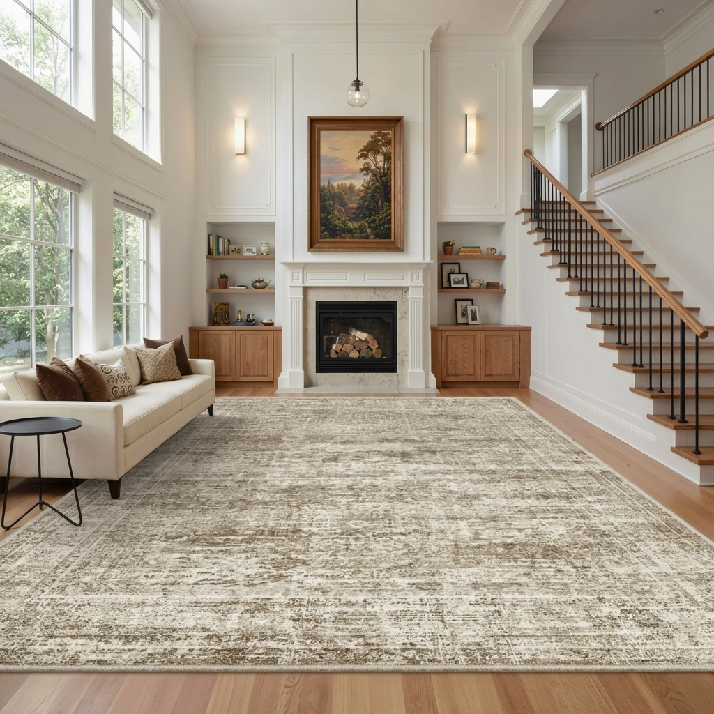 Small living room rug extending beneath the front legs of the sofa and chairs