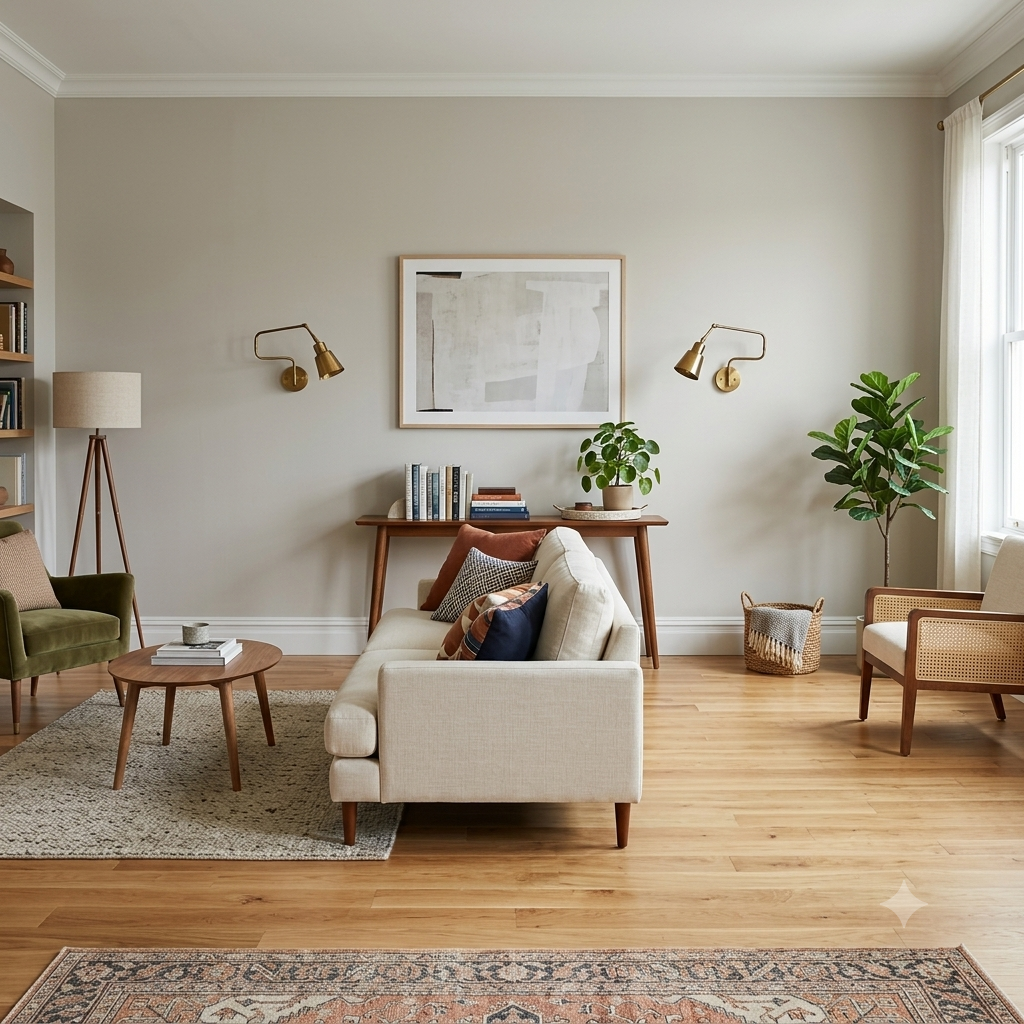 Small living room with the sofa pulled slightly away from the wall and a clear walkway