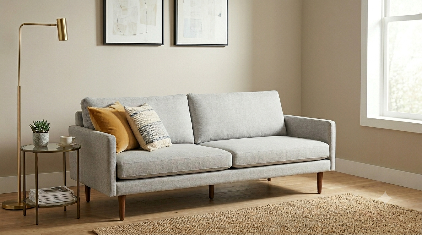 Streamlined apartment-size sofa with slim arms and visible legs in a small living room