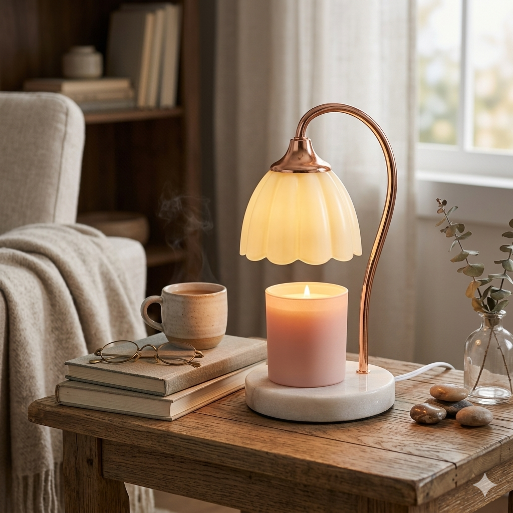 Warm apartment vignette with a glowing scalloped lamp, books, candle, mug, and soft neutral layers