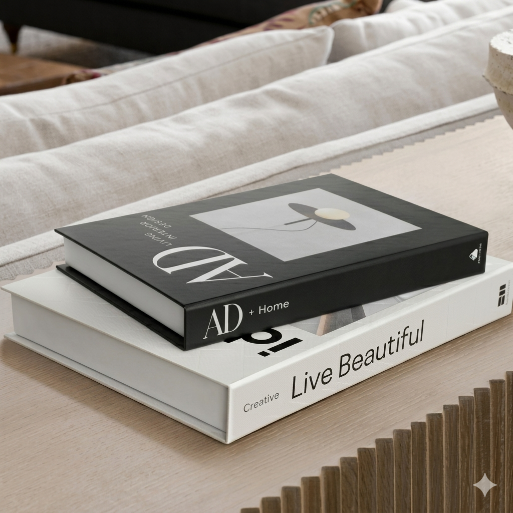 Decorative book boxes used to conceal small living room clutter