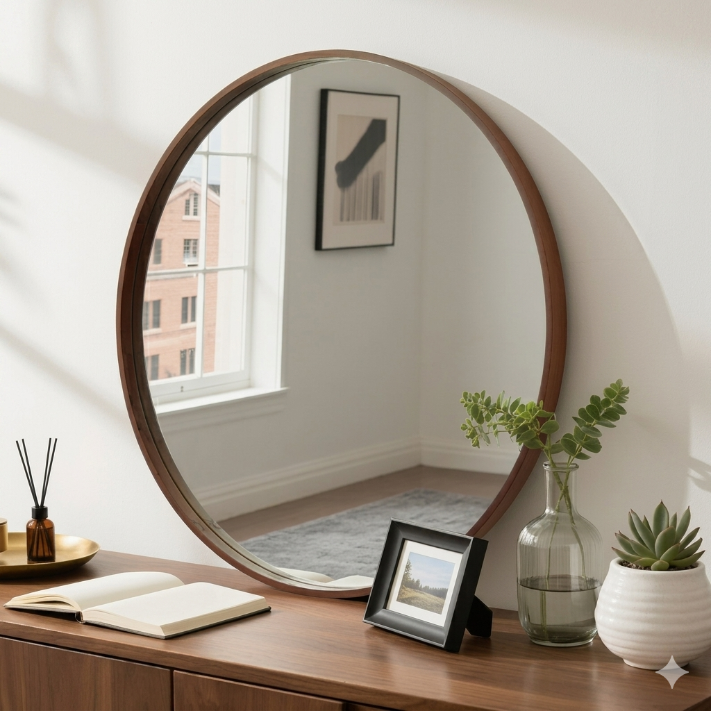 Warm apartment decor with a round mirror