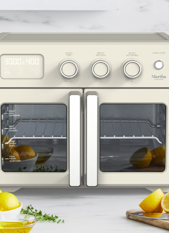 Front view of the Martha Stewart French door air fryer oven on a countertop