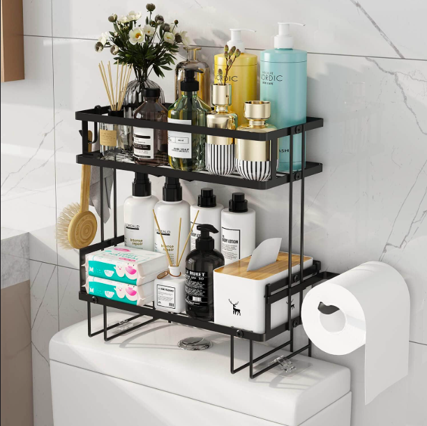 Freestanding over-the-toilet shelf in a compact bathroom