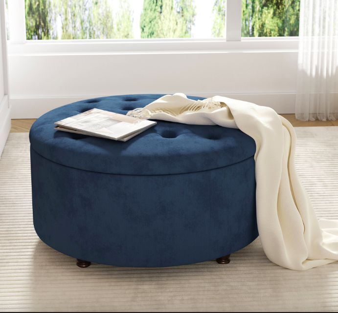 Upholstered storage ottoman in a compact living room