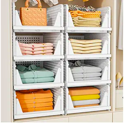 Front-opening stackable storage bins in a small apartment