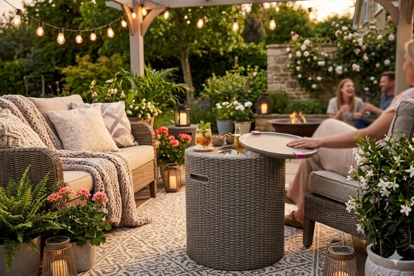 Compact cooler and ice bucket for outdoor patio drinks