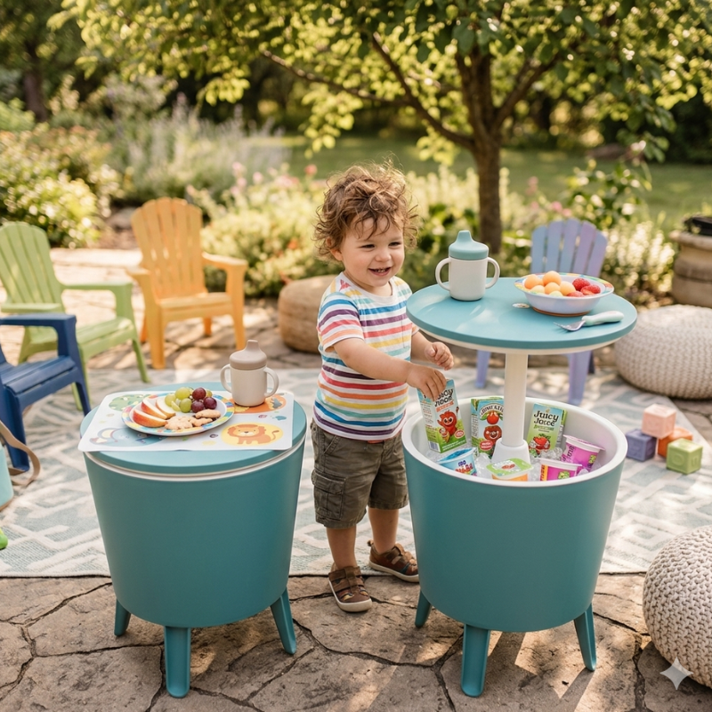 Patio cooler table for juice boxes snacks and backyard play