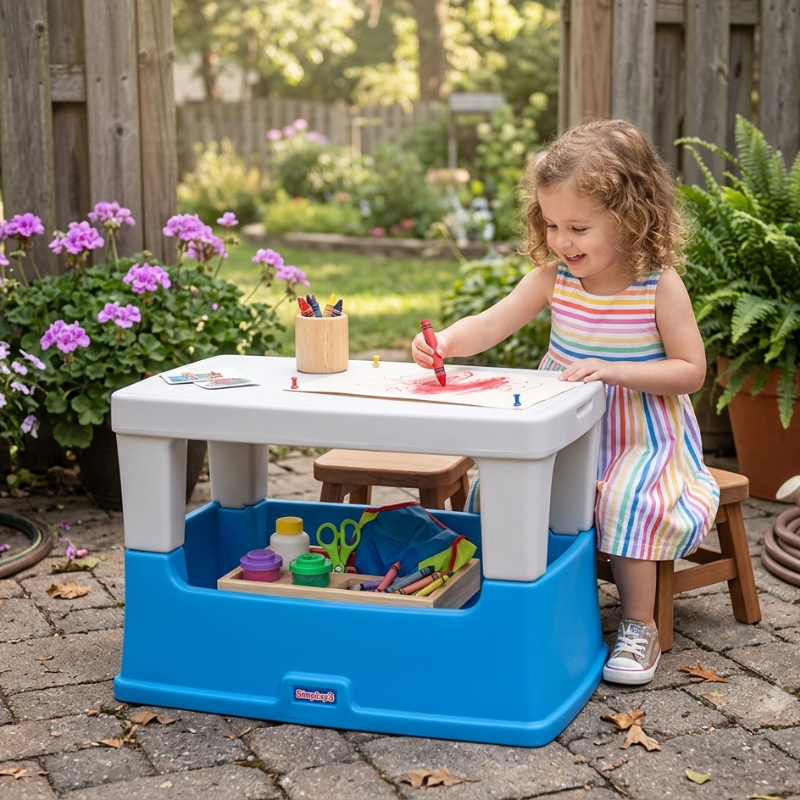 Toddler play table with hidden toy storage for patio