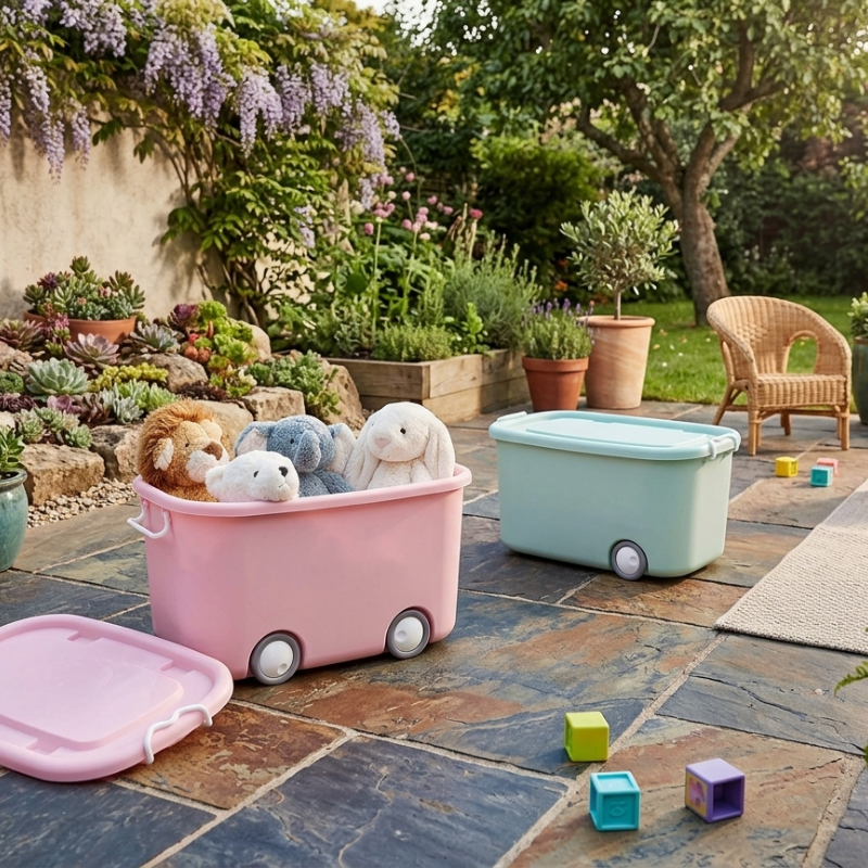 Rolling storage bin with lid for toddler patio toys