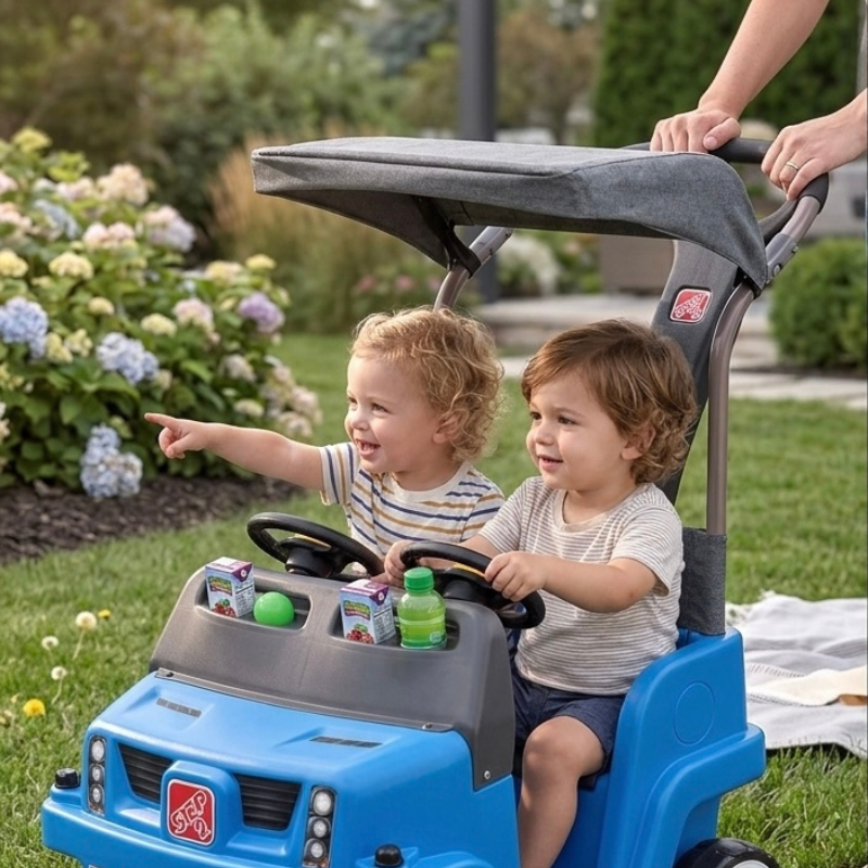 Two seater toddler cruise car with canopy for outdoor play