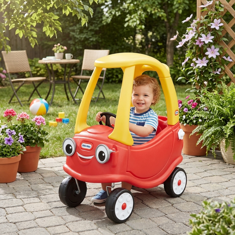 Cozy coupe style toddler ride on car for patio and backyard play