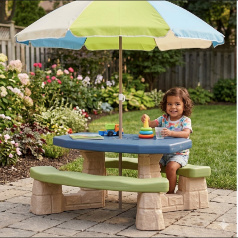 Toddler picnic table with umbrella for patio snacks