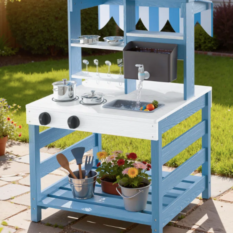 Backyard mud kitchen for messy toddler outdoor play