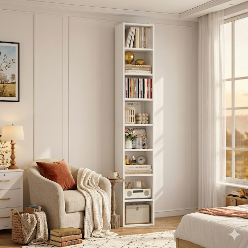 Reading nook beside a narrow bookshelf