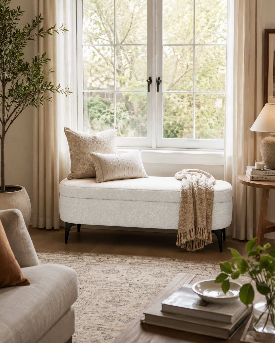 Storage bench styled as a small apartment window seat