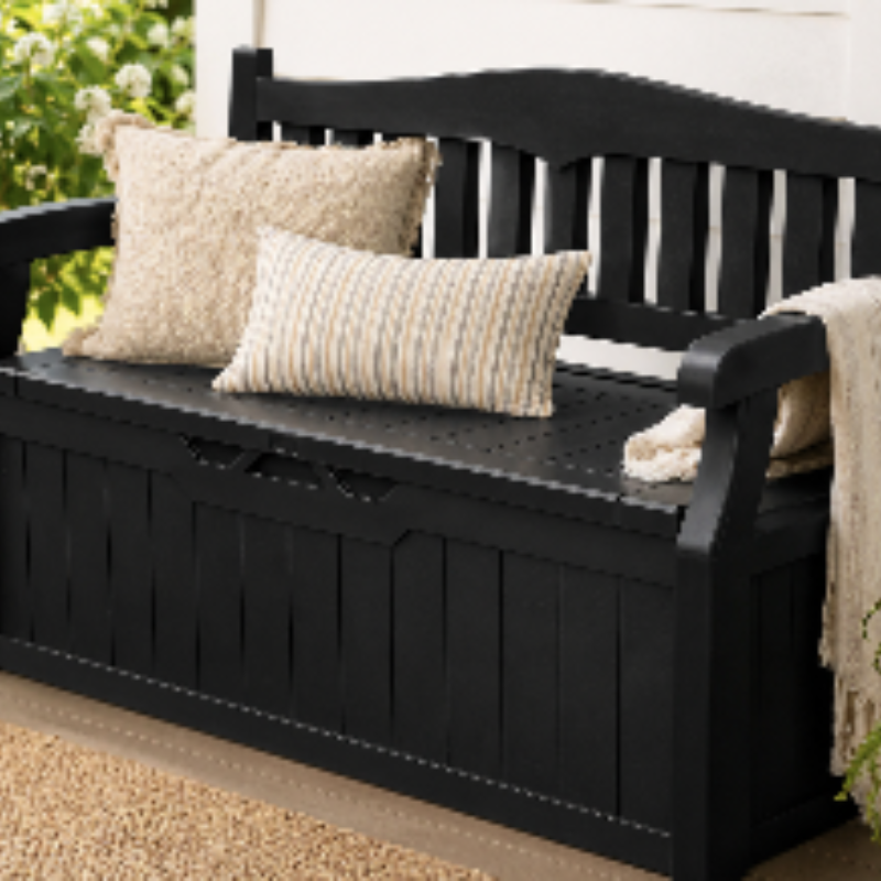 Compact patio storage bench on a small apartment balcony