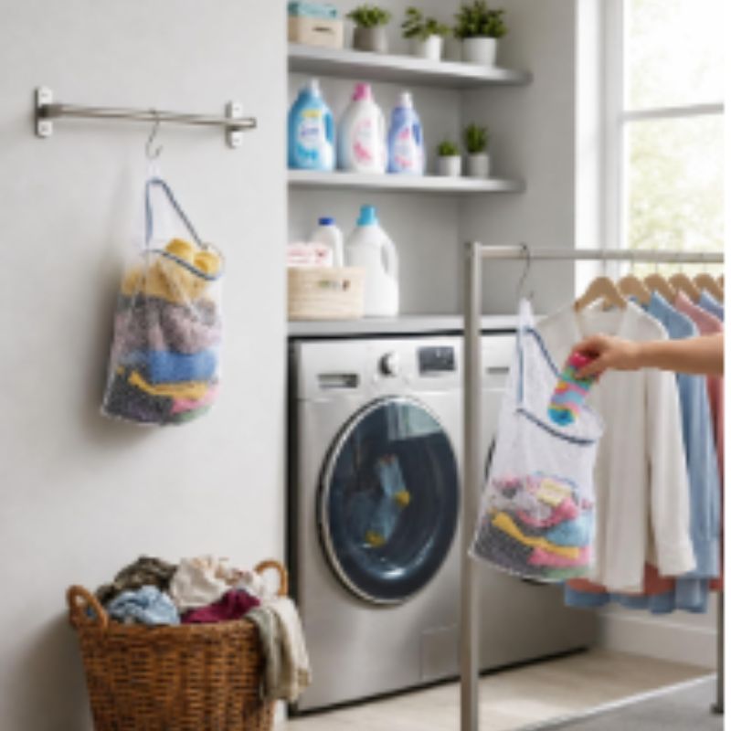 Hanging mesh bags holding swimsuits near a laundry area